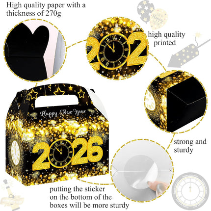 12-Piece 2026 New Year Party Bags – Black & Gold Gable Treat Boxes