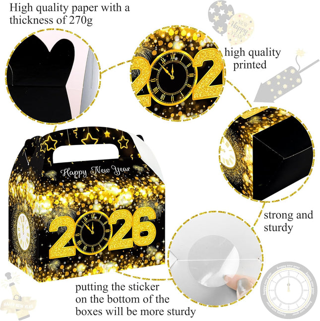 12-Piece 2026 New Year Party Bags – Black & Gold Gable Treat Boxes