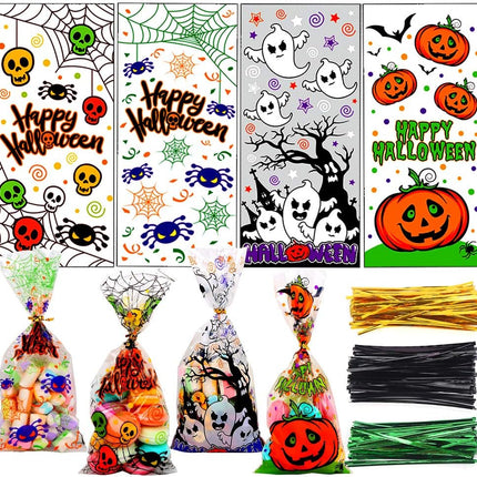 200-Piece Halloween Cellophane Candy Treat Bags with Twist Ties, Party Favors
