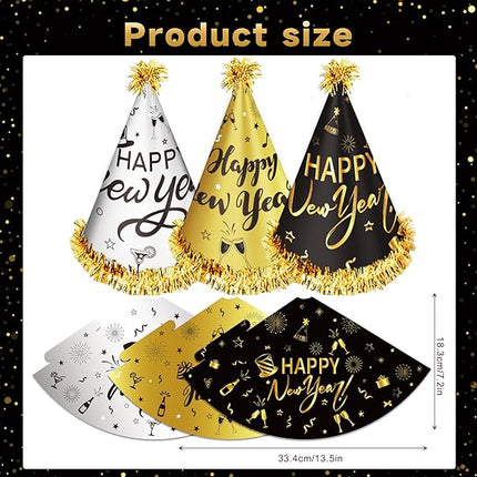 12 Pack NYE Party Hats 2026 – Happy New Year Gold Black Silver Cone Hats