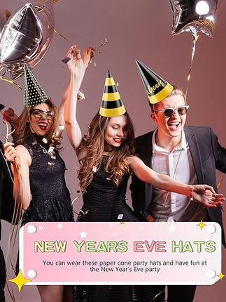 24-Piece NYE Party Cone Hats – Happy New Year Paper Hats Set, 4 Styles