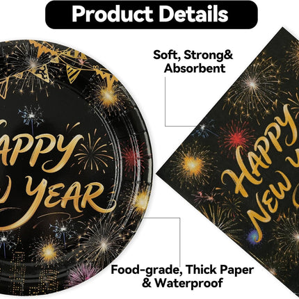 Happy New Year 2026 Tableware Set – 50-Pc Black & Gold Plates & Napkins