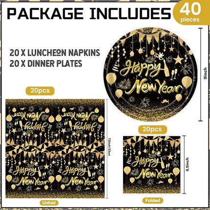 40 PCS Happy New Year 2026 Paper Plates & Napkins Disposable Party Set