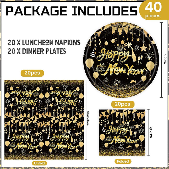 40 PCS Happy New Year 2026 Paper Plates & Napkins Disposable Party Set