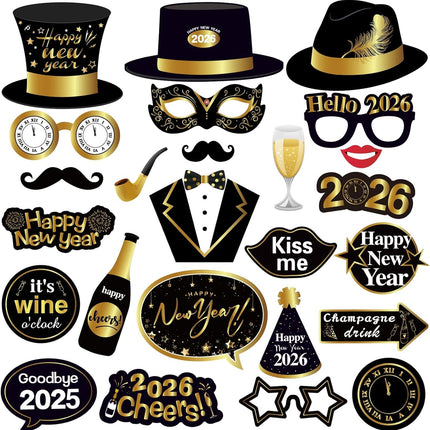 25 PCS New Year Photo Booth Props Black Gold Hats Glasses NYE 2026 Party