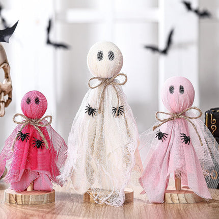 3-Piece Pink Ghost Halloween Table Decor, Rustic Wooden Stand Tiered Tray Centerpiece