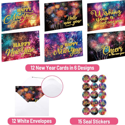 12-Pc 2026 New Year Cards for Family & Office – Firework Design with Envelopes