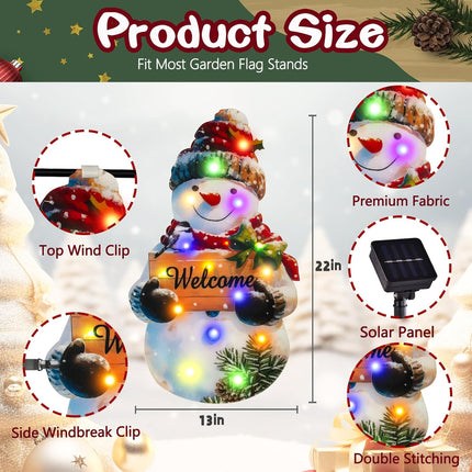 Solar LED Christmas Garden Flag 22x13, Snowman Design, Double-Sided with 8 Modes