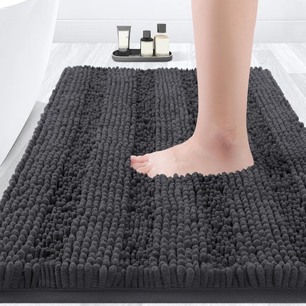Striped Gray Bathroom Rug 32x20", Soft Non-Slip Chenille, Absorbent Plush Bath Mat