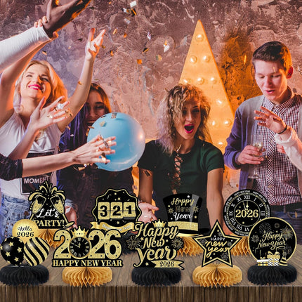 10 PCS Happy New Year 2026 Honeycomb Centerpieces Black & Gold Table Decor
