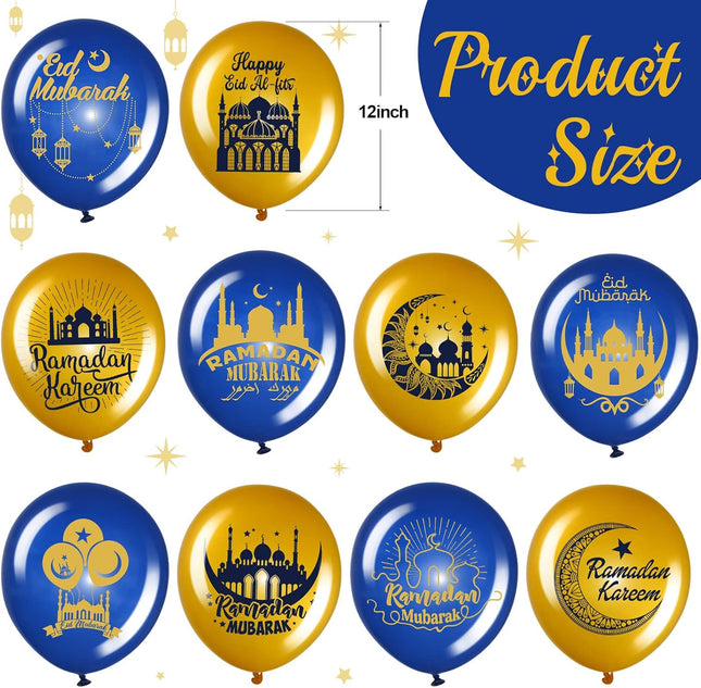 40 Pcs Ramadan Mubarak Balloons: Blue & Gold Eid Mubarak Party Decorations