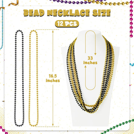 12 PCS Mardi Gras Beads Black & Gold 33" Beaded Necklaces Party Favors