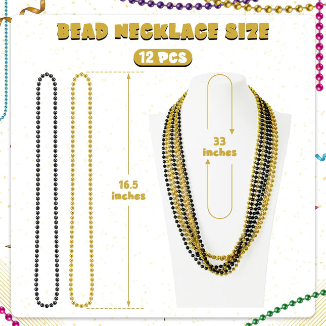 12 PCS Mardi Gras Beads Black & Gold 33" Beaded Necklaces Party Favors