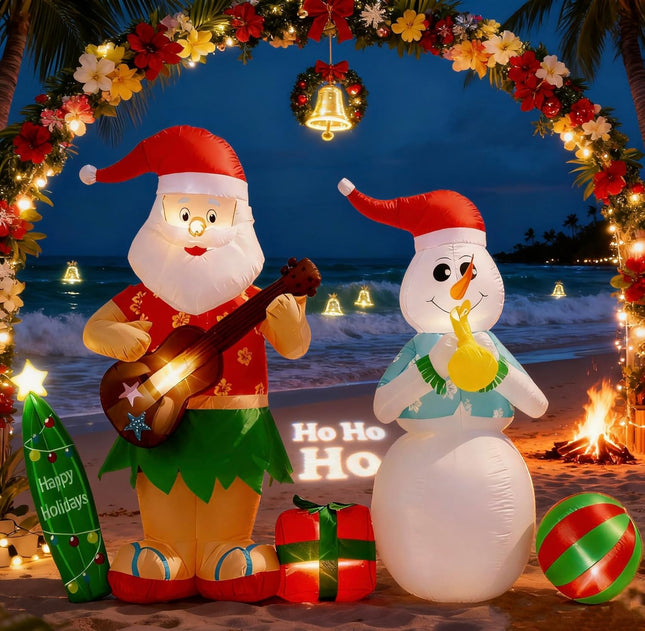 8.3FT Inflatable Christmas Decor – Hawaiian Santa & Snowman w/ LED Lights