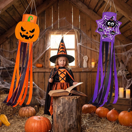 4-Piece Halloween Windsocks, Ghost Pumpkin Spider Bat Hanging Porch & Yard Decor