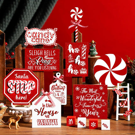 14-Pcs Rustic Christmas Tiered Tray Decorations, Snowman, Santa, and Candy Wood Accents