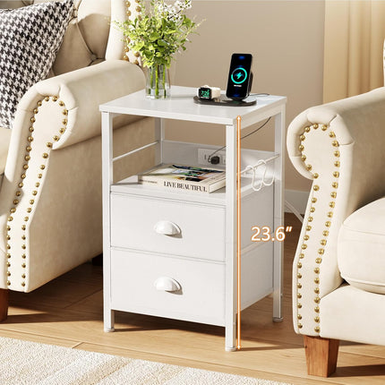 White Nightstand with Charging Station, 2 Fabric Drawers, USB Ports, Outlets and Hooks