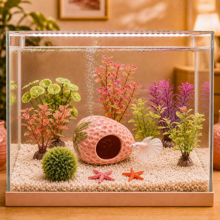 10PCS Aquarium Decorations, Pink Ceramic Strawberry Cave, Artificial Plants & Fish Hideout