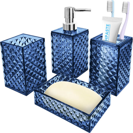 4-Piece Blue Plastic Bathroom Accessories Set Diamond Pattern Soap Dispenser Holder