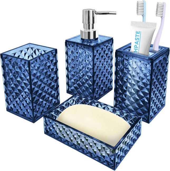 4-Piece Blue Plastic Bathroom Accessories Set Diamond Pattern Soap Dispenser Holder