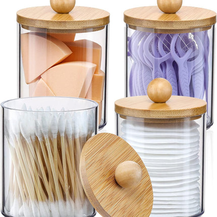 4-Pack Qtip Holder Dispenser – Clear Plastic Jars with Bamboo Lids
