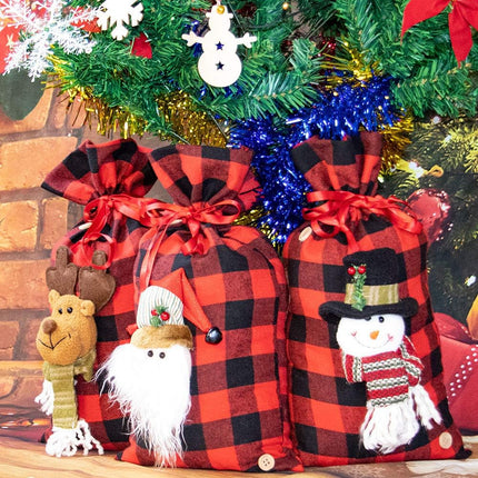 Christmas Santa Sacks 3D Buffalo Plaid Drawstring Bags for Holiday Gifting