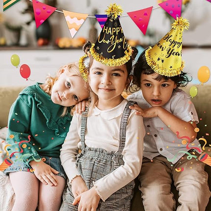 12 Pack NYE Party Hats 2026 – Happy New Year Gold Black Silver Cone Hats