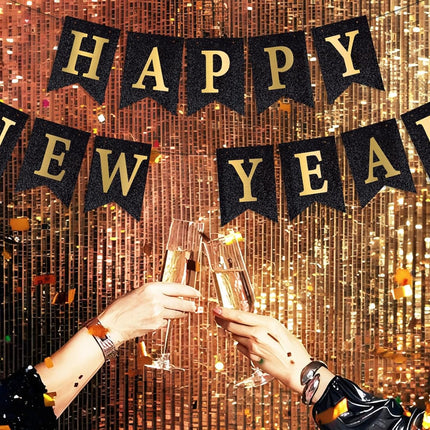 Happy New Year 2026 Banner – Black Glitter Pre-Strung Party Supplies