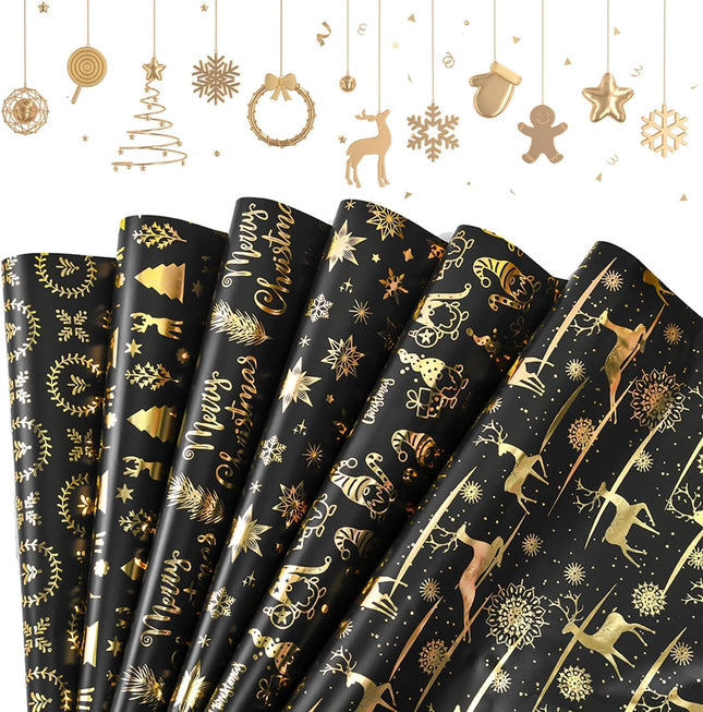 Christmas Wrapping Paper Black Gold 6 Sheets Metallic Foil with 4 Ribbons