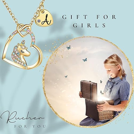 Unicorn Heart Necklace for Kids with Initial Pendant 18K Gold Plated