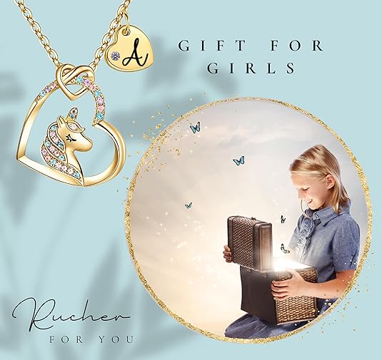 Unicorn Heart Necklace for Kids with Initial Pendant 18K Gold Plated