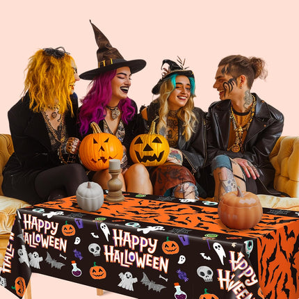 2-Pack Halloween Plastic Tablecloths, Skeletons, Bats, Ghosts & Pumpkin Party Decor