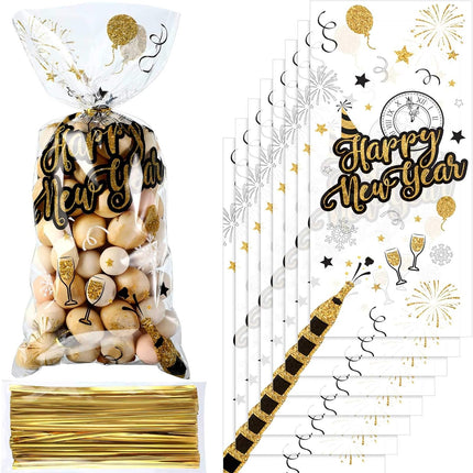 100 PCS Happy New Year Cellophane Treat Bags Black & Gold Party Favors