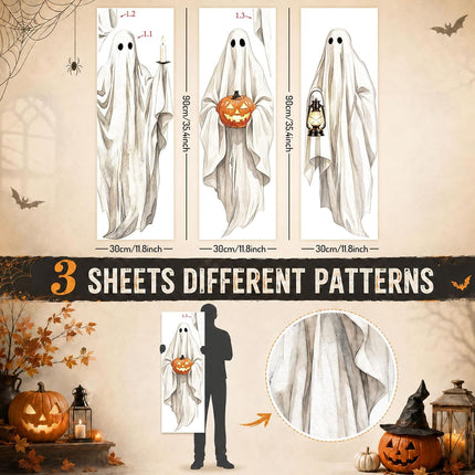 3-Sheet Extra Large Halloween Ghost Wall Stickers, Vintage White Floating Ghost Decals