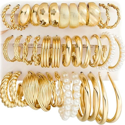 Gold Hoop Earrings Set for Women 18 Pairs Hypoallergenic Pearl Chunky Hoops