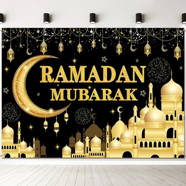 7x5 FT Ramadan Mubarak Backdrop – Black & Gold Crescent Moon & Mosque Design