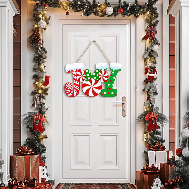 Christmas Joy Door Sign – Wood Candy Mouse Wreath for Front Door Decor