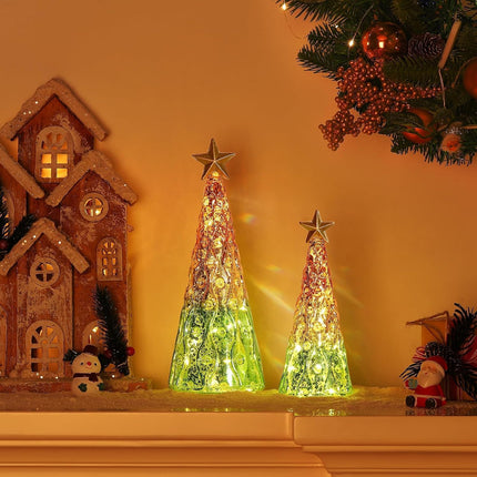2PCS Glass Christmas Trees – Mercury Tabletop Trees with Lights & Battery