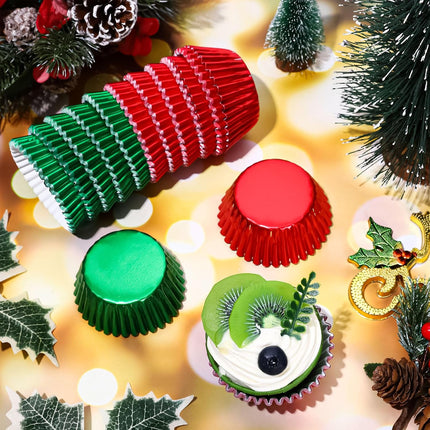 200PCS Christmas Foil Cupcake Liners – Red & Green Metallic Baking Cups