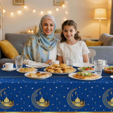 3-Pack Ramadan Tablecloths – Blue Plastic Disposable Eid Mubarak Table Covers