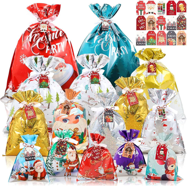 15PCS Christmas Gift Bags – Assorted Sizes with 13 Designs & 15 Tags