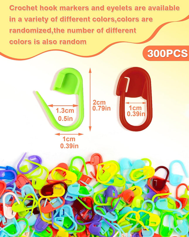 300pcs Crochet Stitch Markers with 6 Blunt Sewing Needles, Colorful Knitting Clips