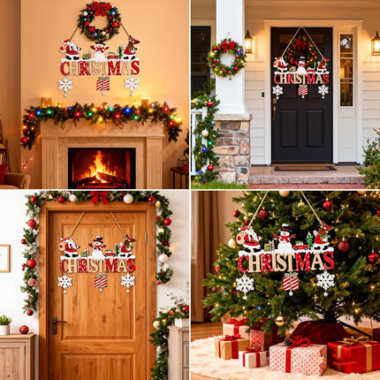 Merry Christmas Wooden Hanging Sign Ornament Santa Snowflake Jingle Bells