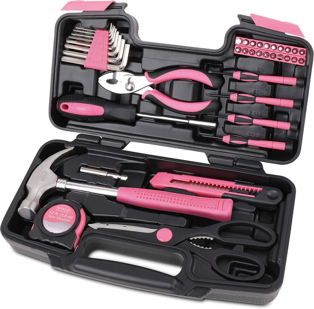 39-Piece DIY Tool Set – Essential Hand Tools for Home Repairs & Crafts in Pink Toolbox