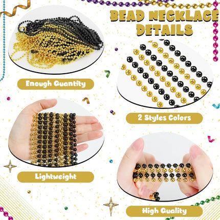 12 PCS Mardi Gras Beads Black & Gold 33" Beaded Necklaces Party Favors