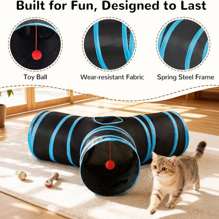 Interactive Cat Tunnel Tube Toy for Indoor Cats with Hanging Ball Black Blue