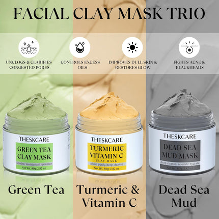 3PCS Clay Mask Set with Turmeric Vitamin C Dead Sea Mud & Green Tea