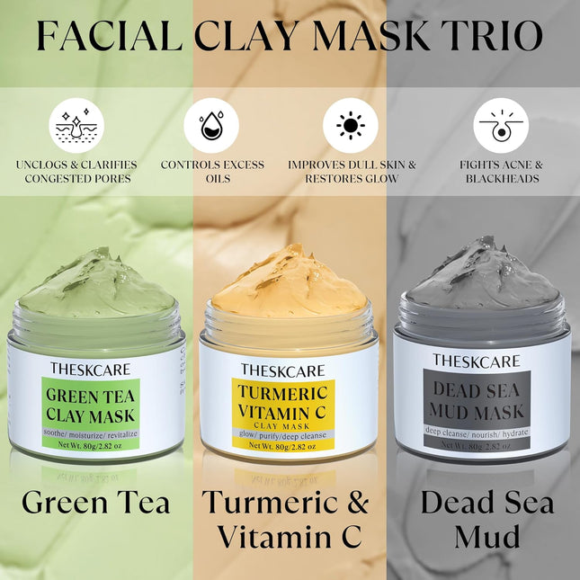 3PCS Clay Mask Set with Turmeric Vitamin C Dead Sea Mud & Green Tea