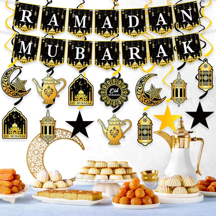 34Pcs Ramadan Decorations – Eid Mubarak Banner, Star, Moon & Lantern Hanging Swirls