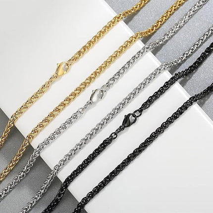 3 Pcs Chain Necklace for Men Stainless Steel Wheat Chain Set Gold Black Silver